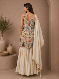 Ivory Silk Peplum Style Designer Gharara Suit with Embroidered Dupatta
