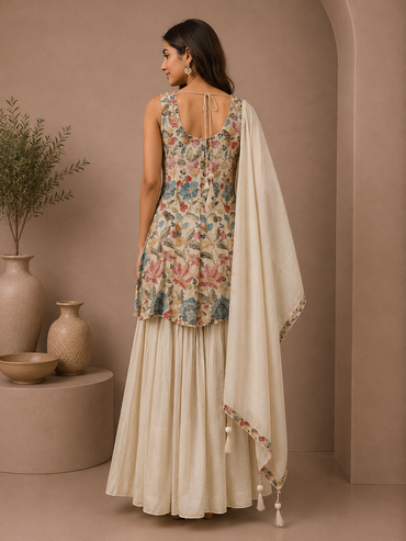 Ivory Silk Peplum Style Designer Gharara Suit with Embroidered Dupatta