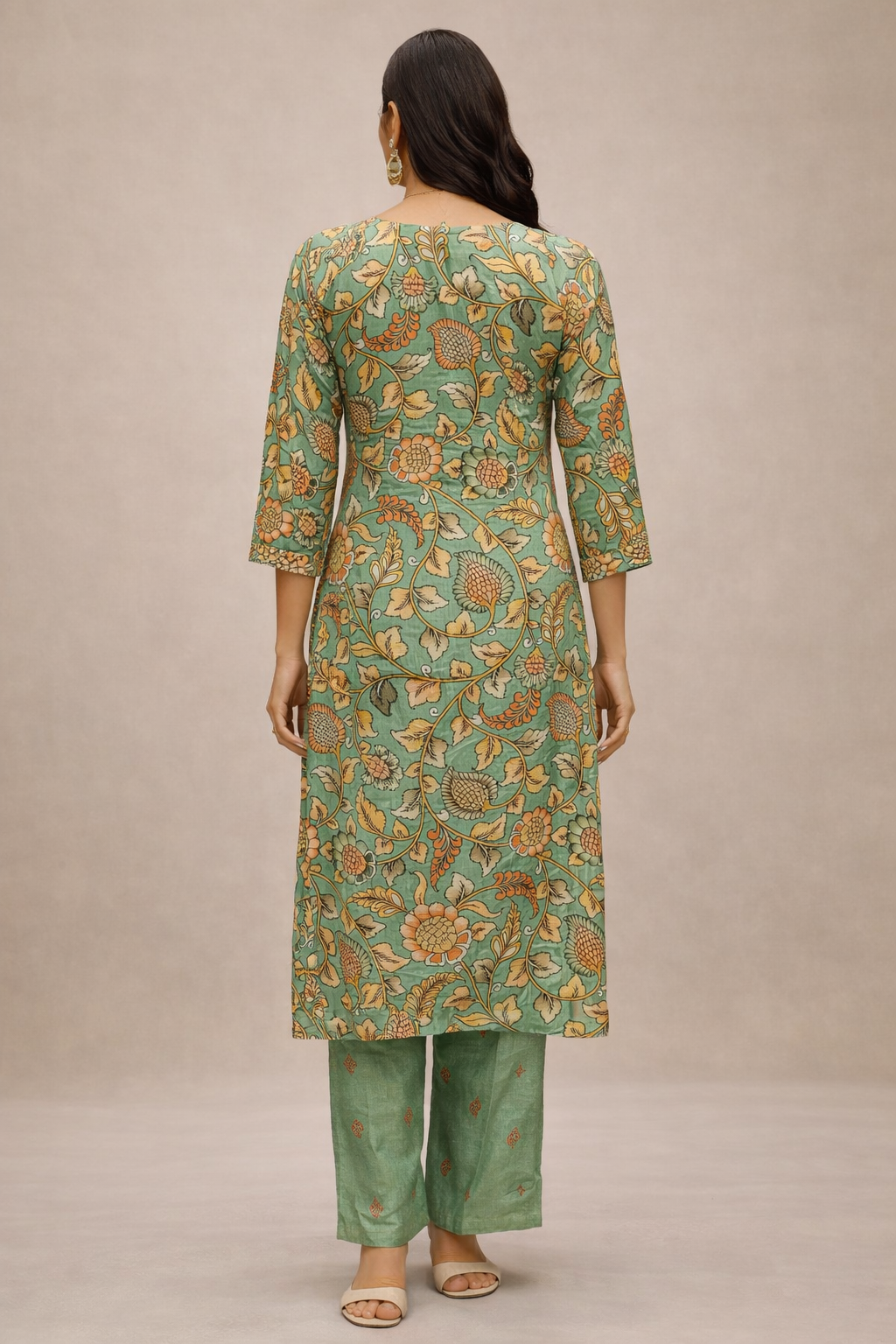 Sage Green Silk Floral Printed Kurta Pant Set