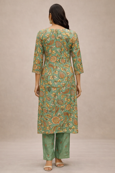 Sage Green Silk Floral Printed Kurta Pant Set