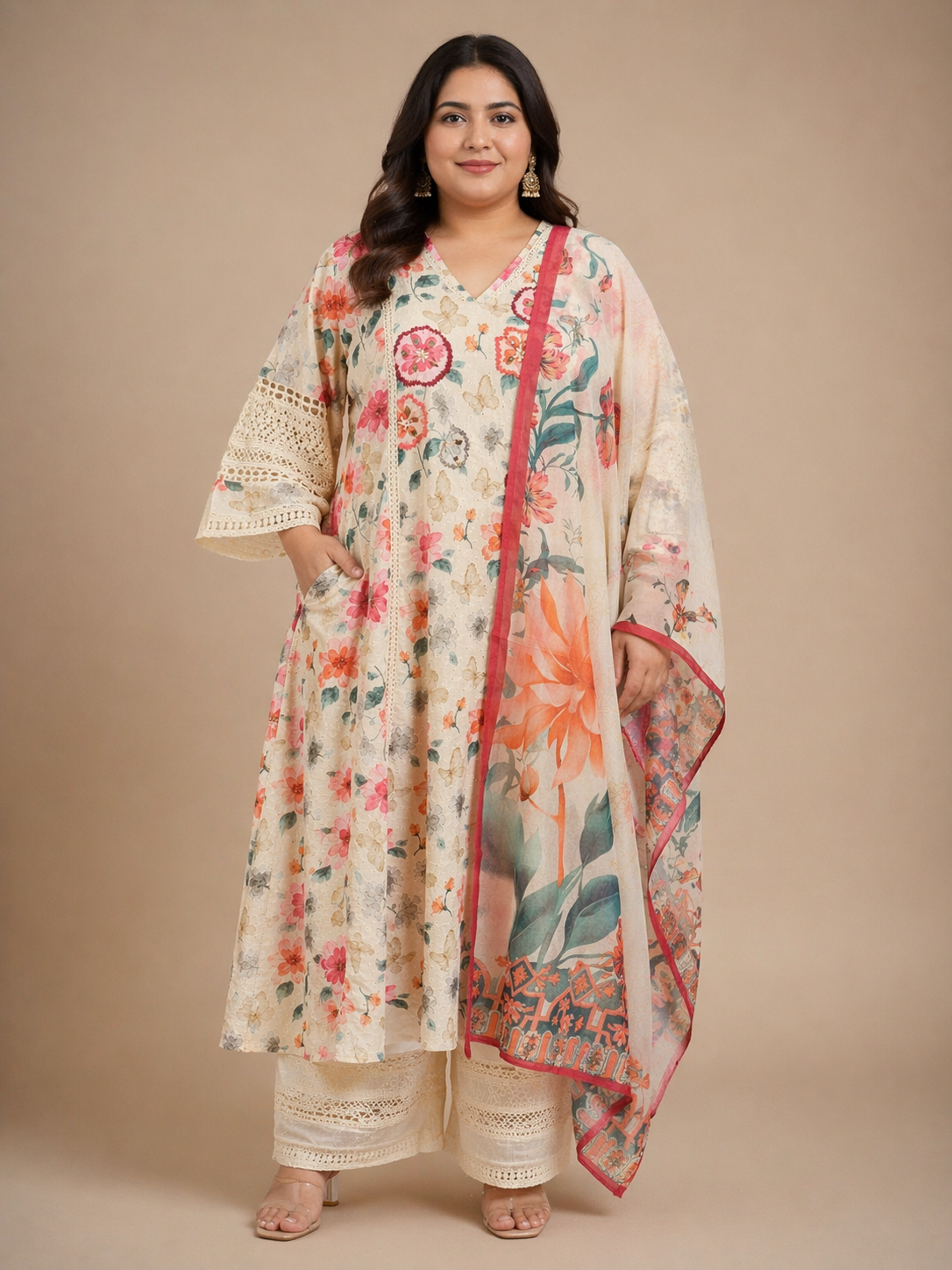 Cream Floral Printed Cotton Kurta Set with Dupatta (Plus Size Friendly)