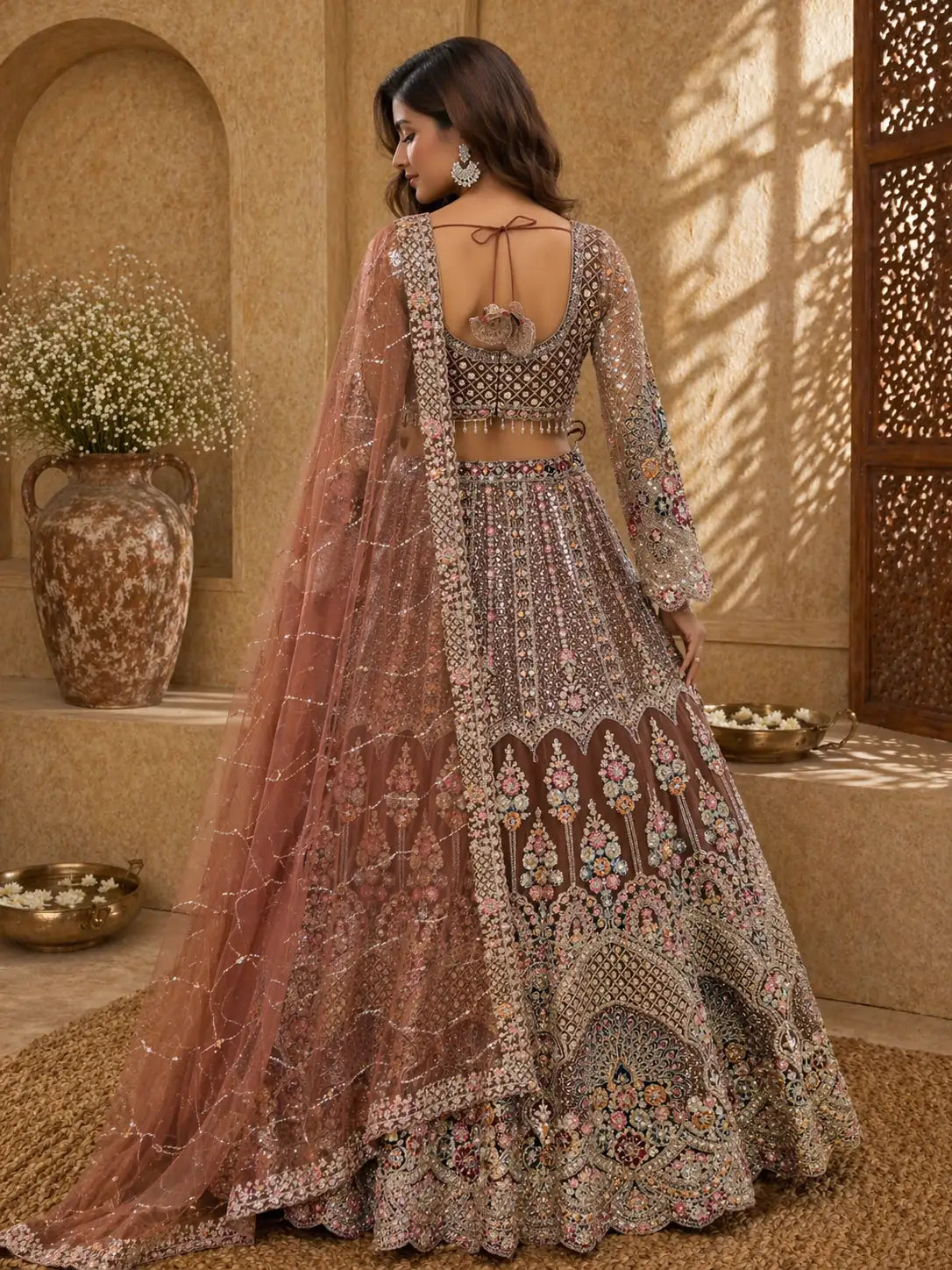 Brown Floral Embroidered Net Lehenga Set