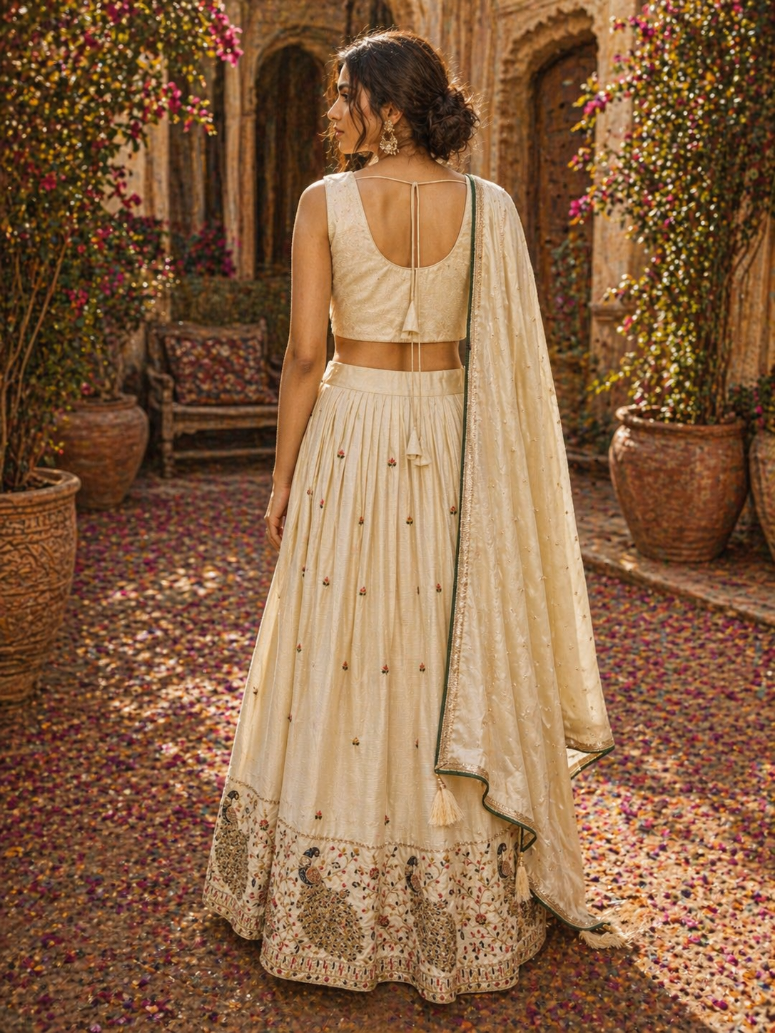 Ivory Chinnon Silk Lehenga Set with Multicolor Embroidered Blouse & Dupatta