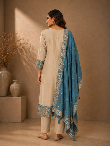 Beige & Dusty Blue Vichitra Silk Embroidered Kurta Set with Dupatta