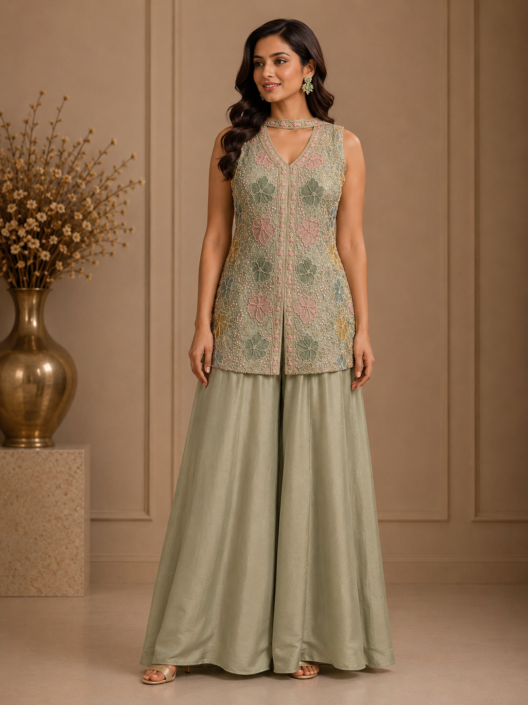 Sage Green Silk Embroidered Peplum Sharara Set