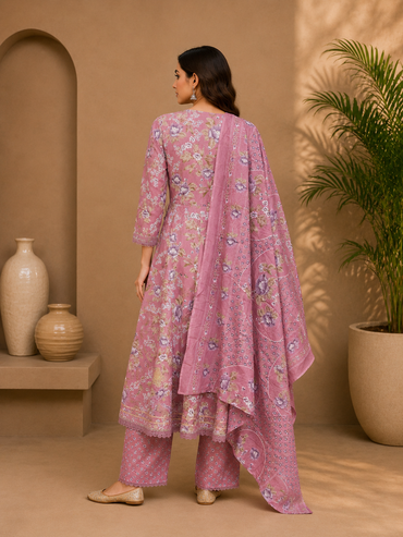 Women's Cotton Angrakha Kurta Pant Set with Dupatta & Gota Patti Work