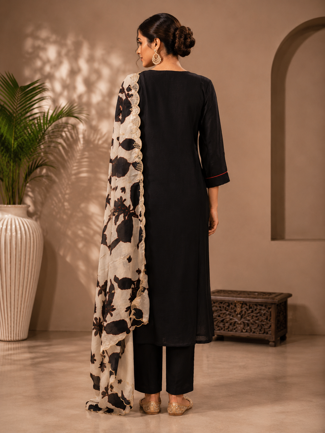 Black Vichitra Silk Straight Suit Set with Floral Printed Dupatta