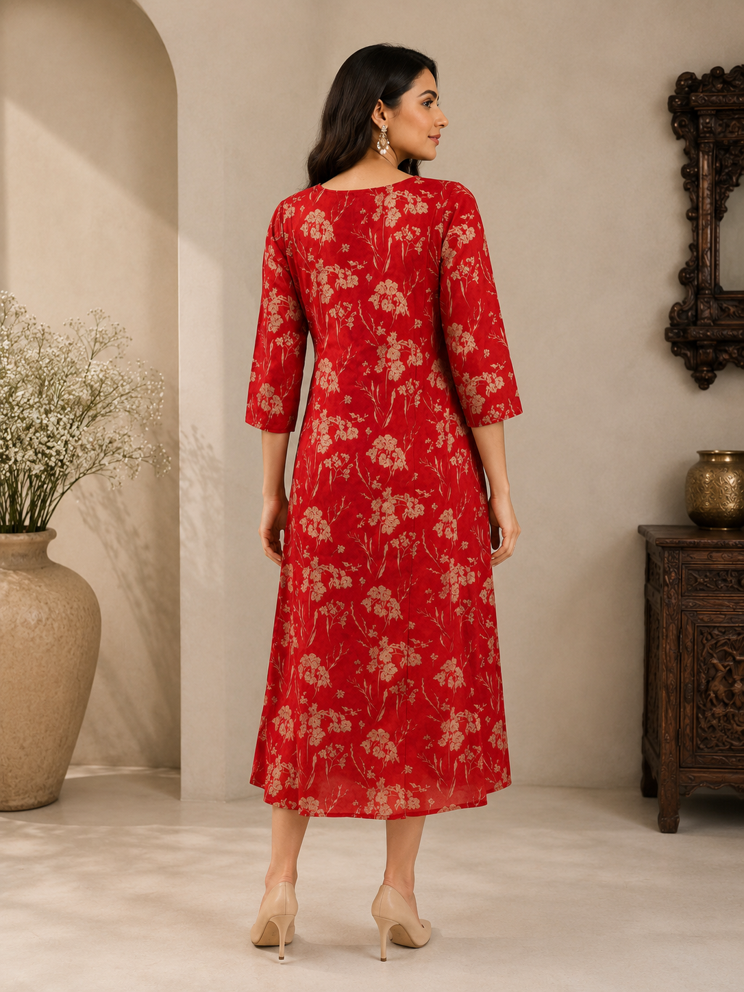 Red Muslin Floral Printed A-Line Kurti Dress for Women
