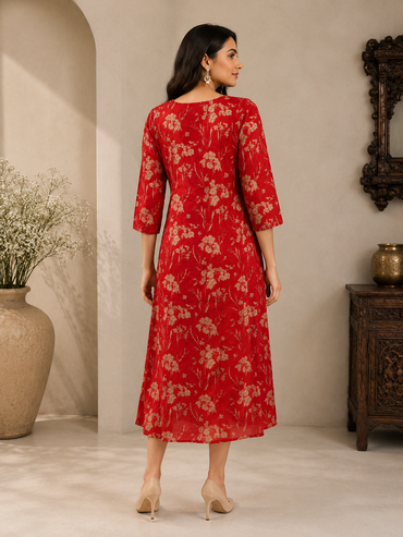 Red Muslin Floral Printed A-Line Kurti Dress for Women