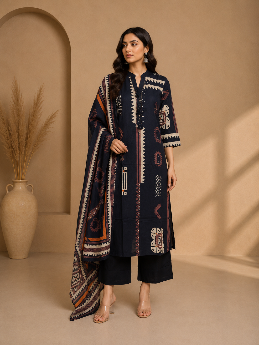 Navy Blue Printed Cotton Kurta Set with Dupatta
