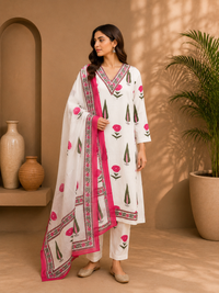 Women's Cotton Block Print Kurta Pant Set with Dupatta – White & Pink Floral