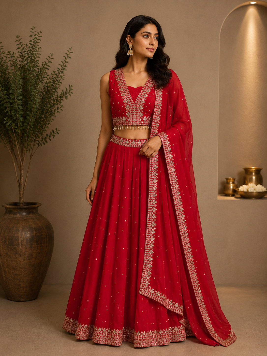 Red Silk Embroidered Lehenga Choli with Designer Dupatta