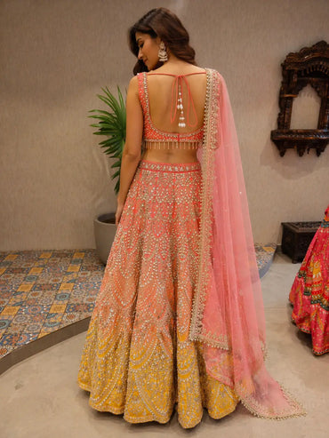 Peach Embroidered Net Lehenga Set