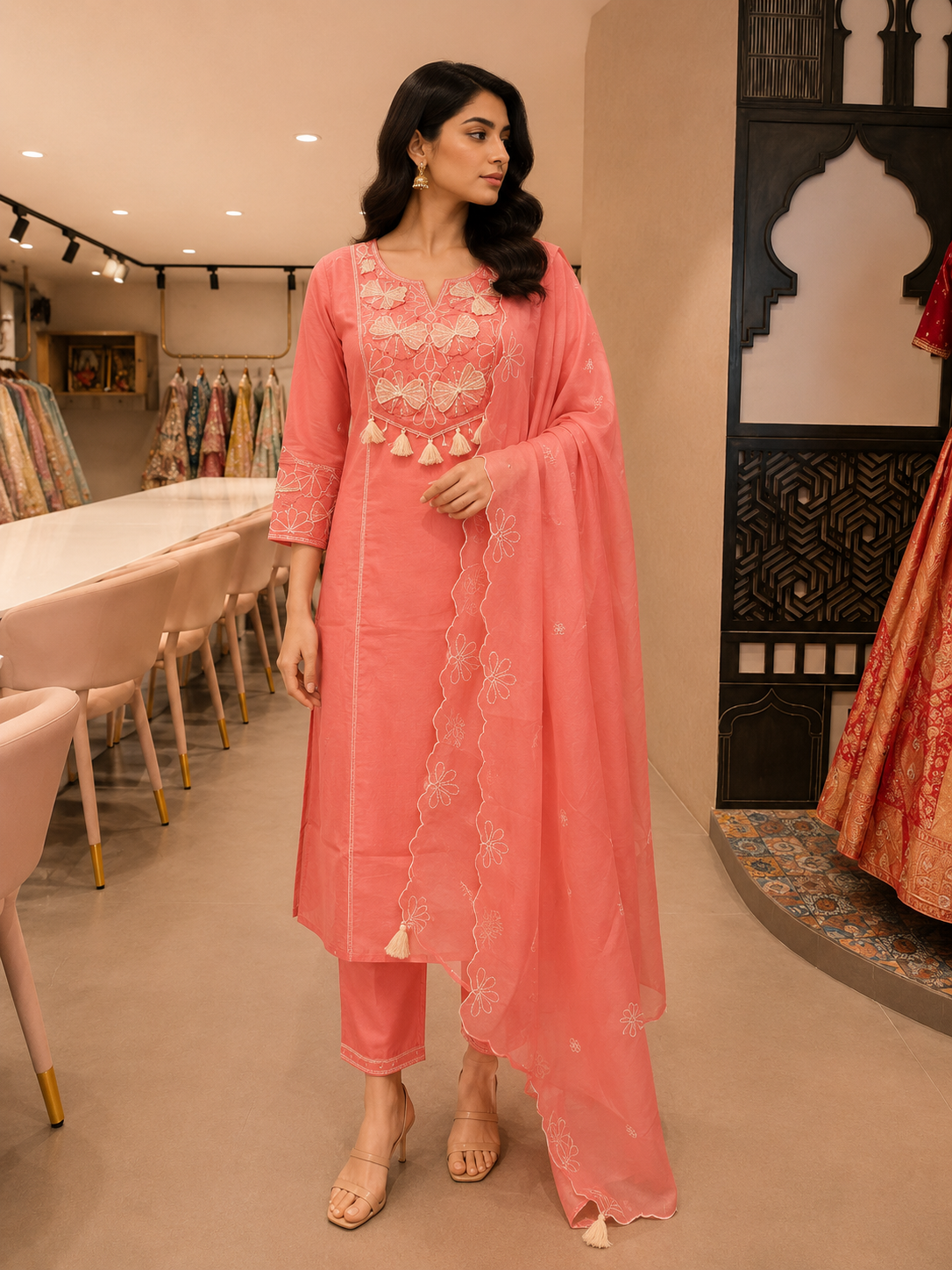 Coral Pink Mul Chanderi Embroidered Kurta Set