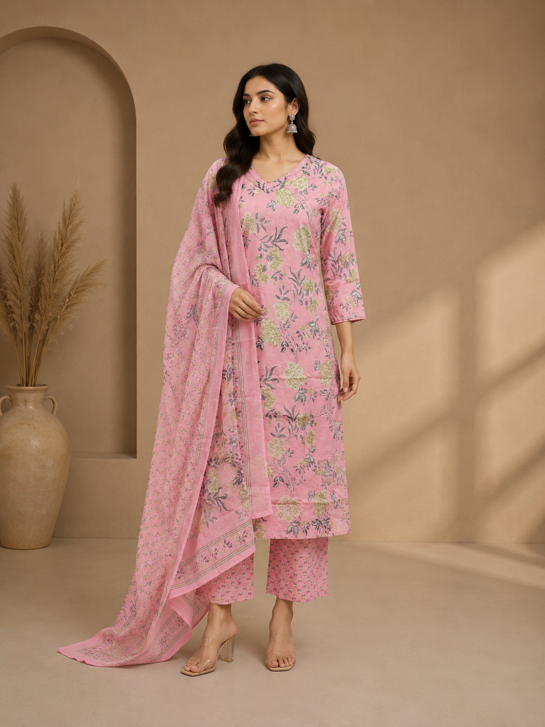 Pink Floral Cotton Kurta Set with Dupatta