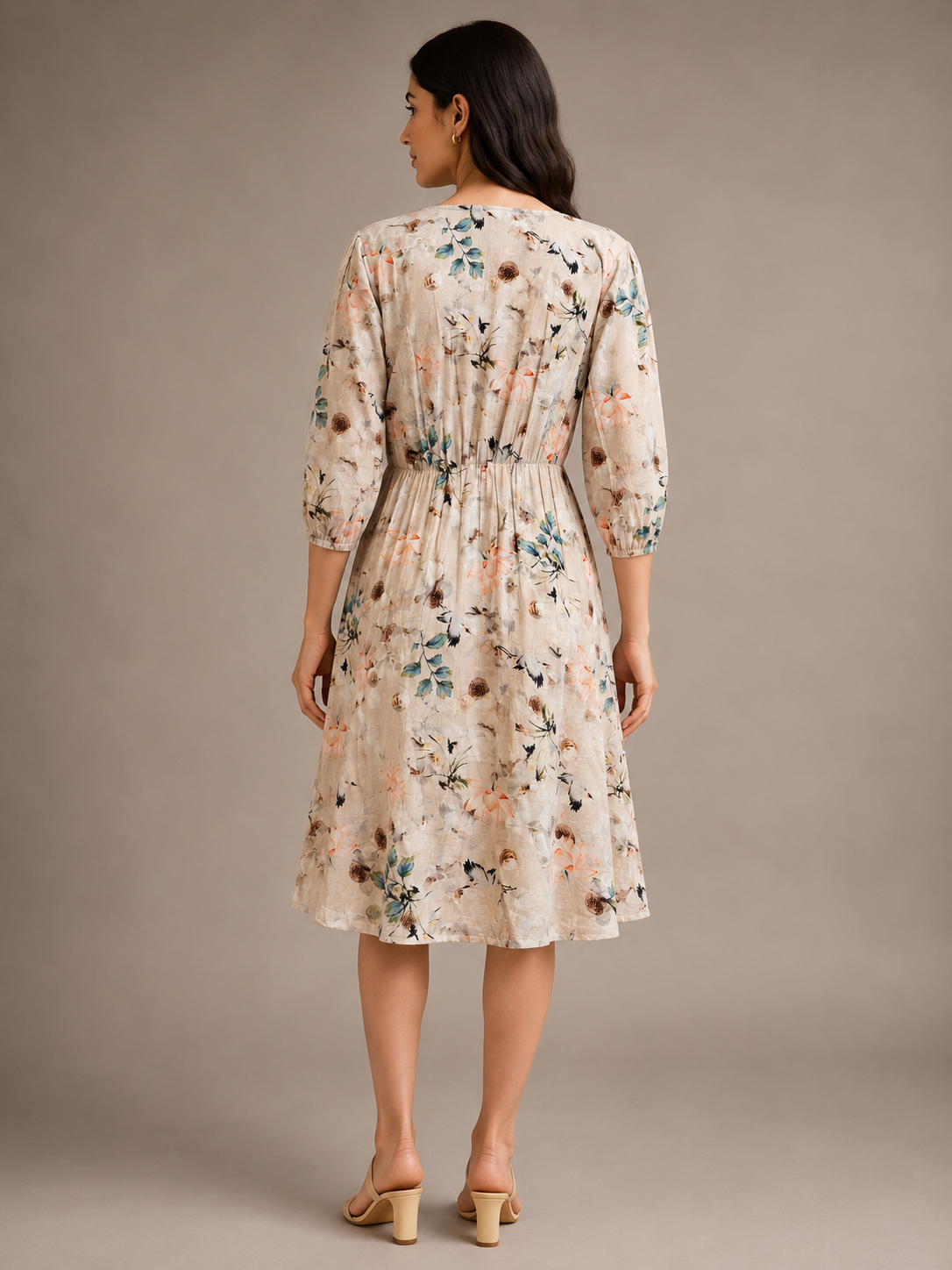 Imported Lycra Floral Printed Fit & Flare Midi Dress – Beige