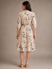 Imported Lycra Floral Printed Fit & Flare Midi Dress – Beige