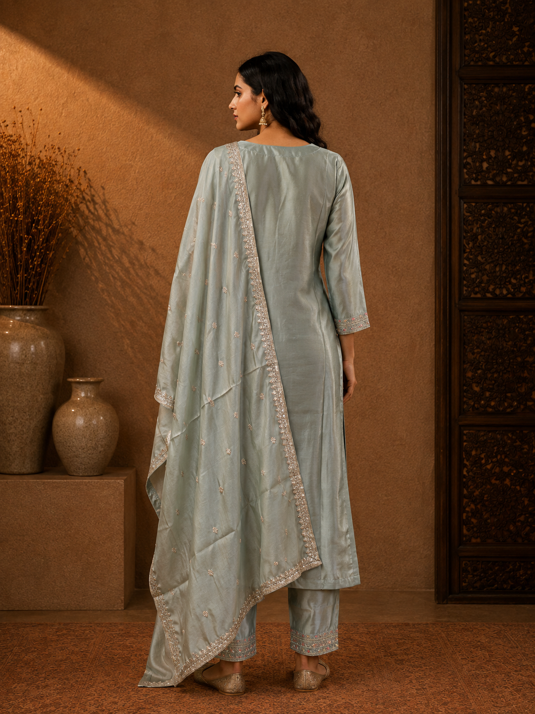 Powder Blue Soft Silk Embroidered Straight Kurta Set with Dupatta