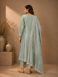 Sea Green Soft Silk Embroidered Kurta Set with Matching Dupatta