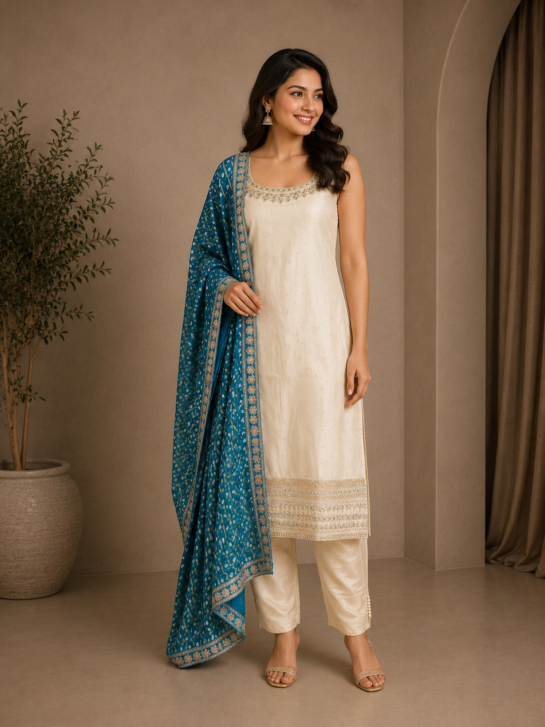 Ivory Silk Embroidered Kurta Set with Teal Designer Dupatta