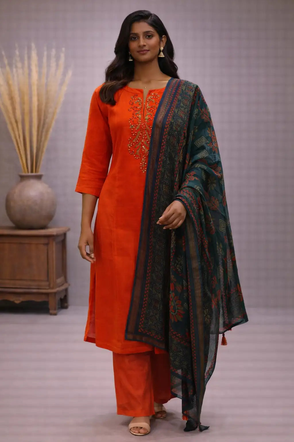 Rust Orange Embroidered Kurta Set with Printed Dupatta