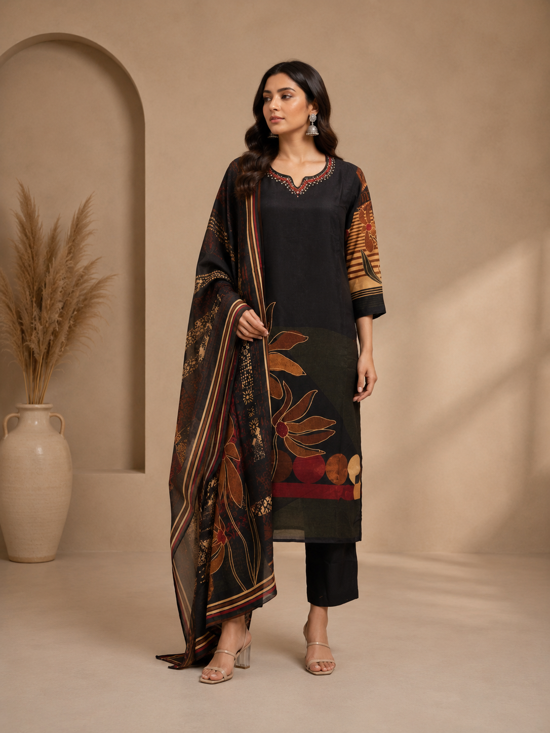 Black Floral Printed Cotton Blend Kurta Set with Dupatta