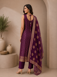 Royal Purple Brocade Silk Straight Suit Set with Woven Dupatta