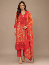 Coral Silk Kurta Set with Floral Prints & Lace Detailing Dupatta | Festive Wear