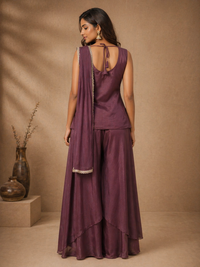 Wine Chinnon Silk Sharara Set with Heavy Embroidered Kurta & Dupatta | Festive Wear