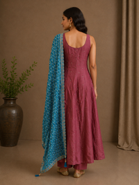 Rose Pink Vichitra Silk Anarkali with Turquoise Dupatta