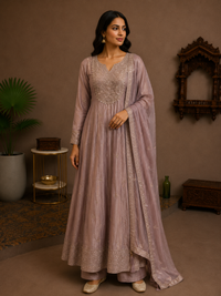 Dusty Mauve Embroidered Tissue Anarkali Set
