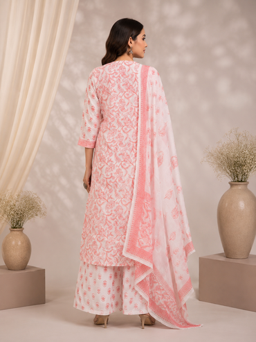 Women's Pink Cotton Printed Kurta Palazzo Set with Dupatta