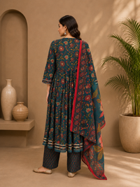 Women's Cotton Angrakha Kurta Pant Set with Dupatta & Gota Patti Work