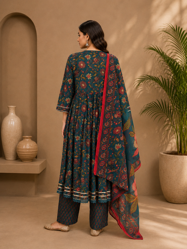 Women's Cotton Angrakha Kurta Pant Set with Dupatta & Gota Patti Work