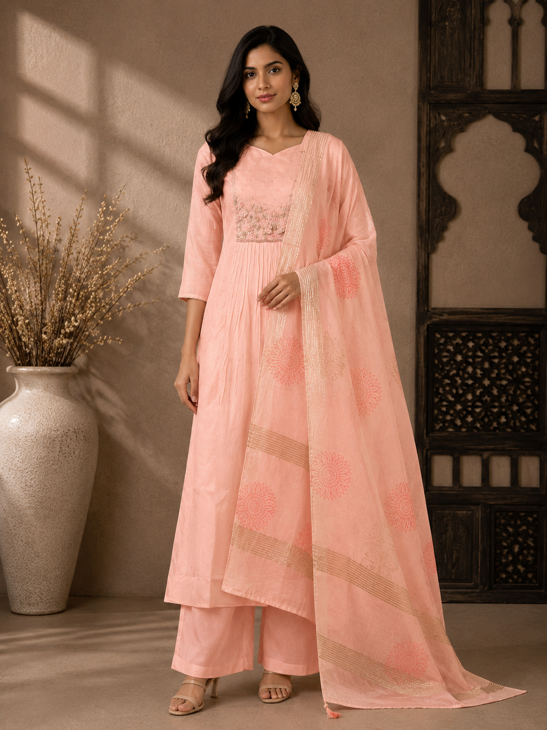 Elegant Peach Mul Chanderi Embroidered Kurta Set with Printed Dupatta