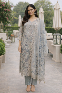Pastel Grey Tissue Silk Floral Kurta Set with Embroidered Dupatta