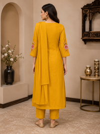 Mustard Mul Chanderi Floral Embroidered Kurta Pant Set with Dupatta