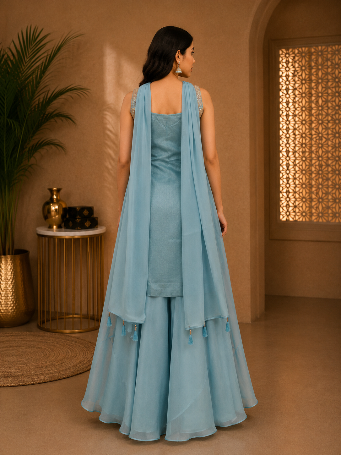 Sky Blue Banarasi Silk Embroidered Palazzo Set