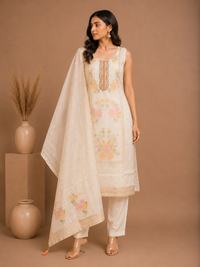 Off White Floral Embroidered Silk Kurta Set with Dupatta