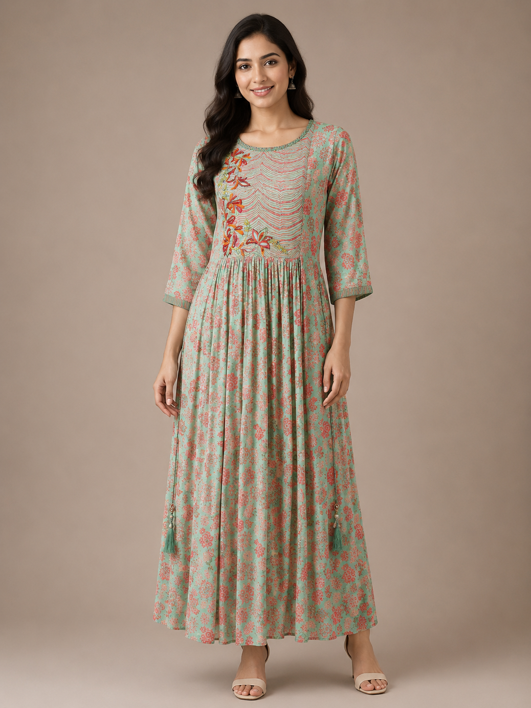 Mint Green Imported Lycra Floral A-Line Maxi Dress