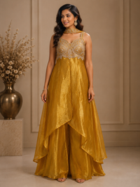 Mustard Organza Layered Sharara Set with Embroidered Bodice
