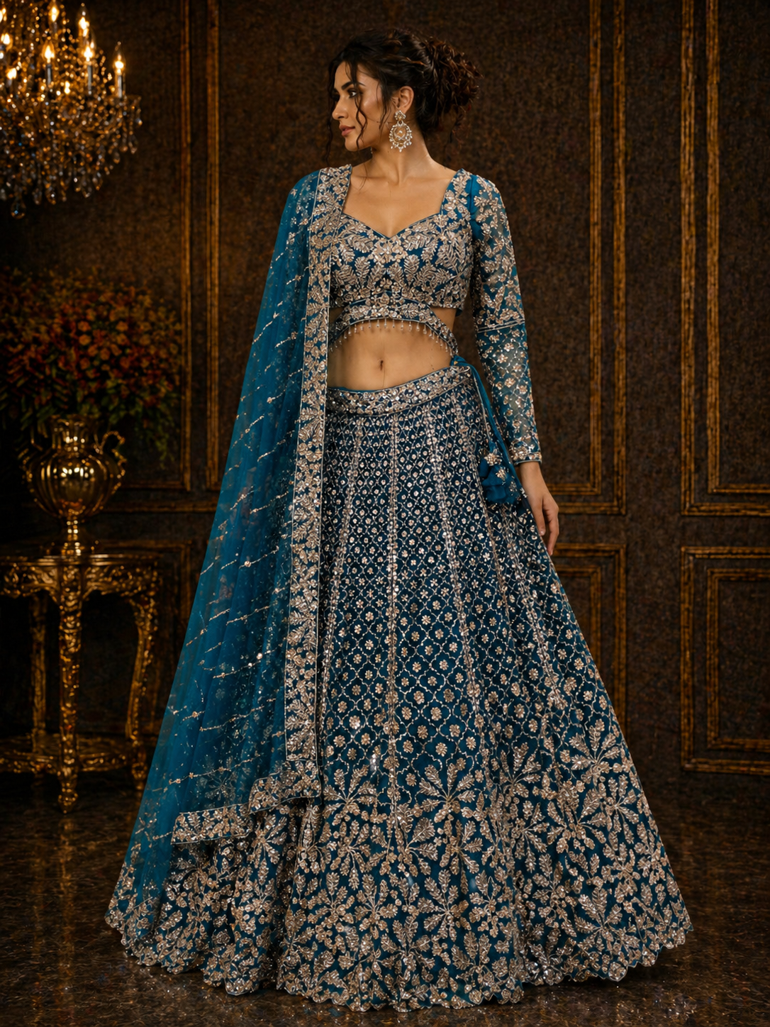Women's Teal Blue Embroidered Net Lehenga Choli with Dupatta