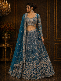 Women's Teal Blue Embroidered Net Lehenga Choli with Dupatta