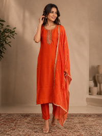 Orange Silk Embroidered Straight Kurta Set with Dupatta