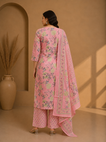 Pink Floral Cotton Kurta Set with Dupatta