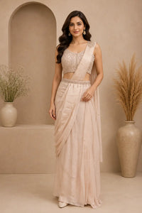 Ivory Beige Designer Draped Saree with Sequined Blouse