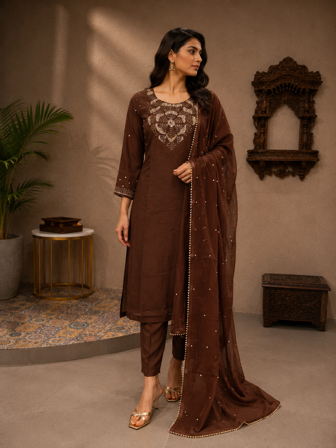 Women's Chocolate Brown Mul Chanderi Embroidered Kurta Pant Set with Dupatta