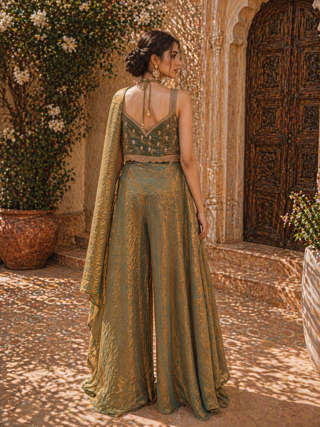 Designer Tissue Silk Indo-Western Set with Embroidered Bodice & Flowy Layered Pants | Festive & Wedding Wear