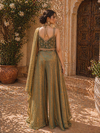 Designer Tissue Silk Indo-Western Set with Embroidered Bodice & Flowy Layered Pants | Festive & Wedding Wear