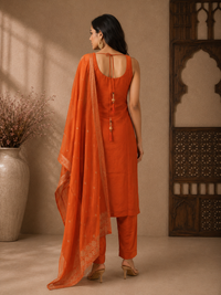 Elegant Orange Brocade Silk Straight Suit Set with Woven Dupatta